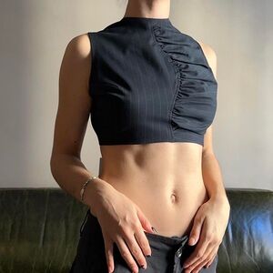 Ganni Navy Pinstripe Ruched Crop Top